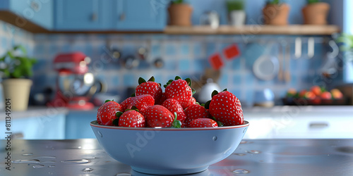 Bowl full of strawberries, freshly washed. The bowl is on the counter of a kitchen.