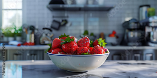 Bowl full of strawberries, freshly washed. The bowl is on the counter of a kitchen.