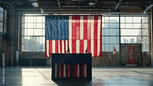 Establishing Footage of an American Flag on a Voting Booth in an Empty Modern Polling Station in a Financial District. Elections Day Concept with Patriotic United States of America Visuals photo