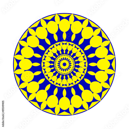 yellow and blue rosette with a stylized floral pattern, abstract modern design