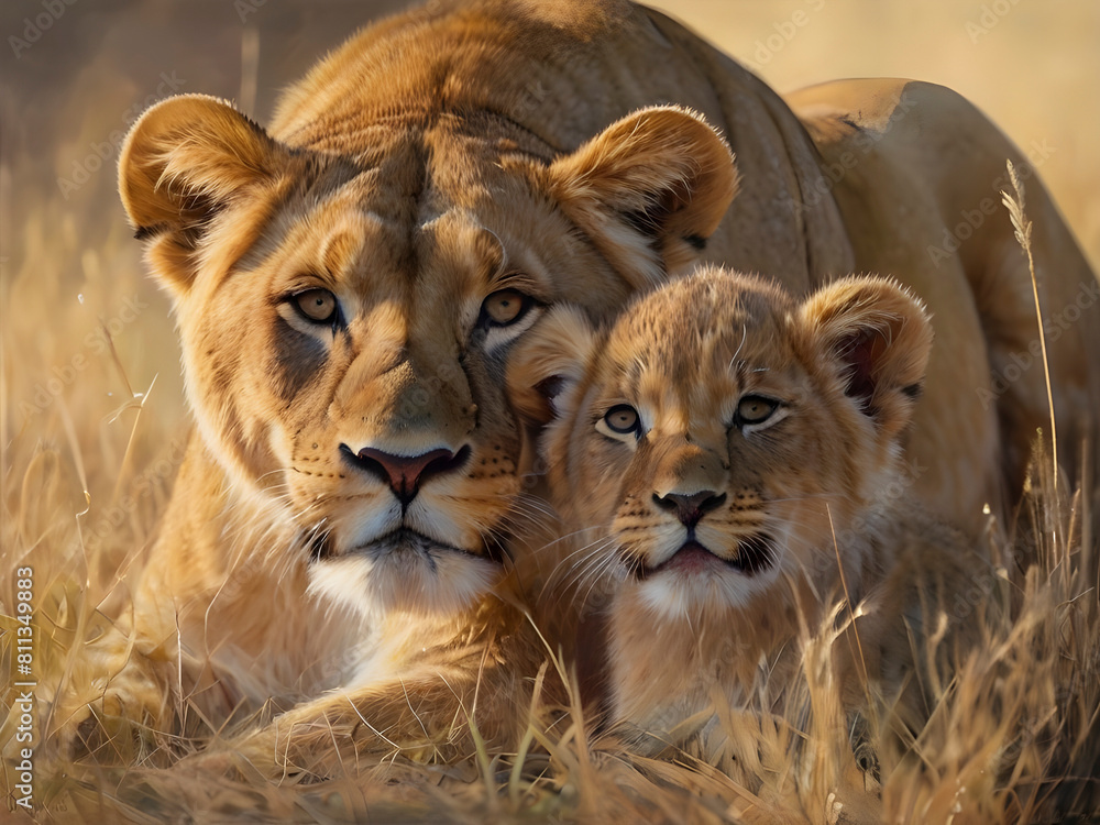 Tender embrace. Lioness and cub share love in art. Tender embrace. Lioness and cub share love in art.
