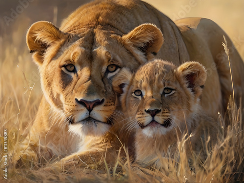 Tender embrace. Lioness and cub share love in art.