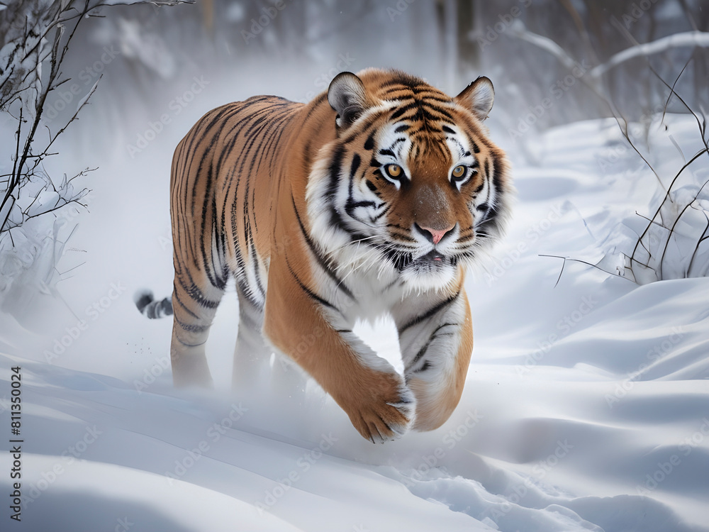 Obraz premium Wild Amur tiger dashes through snowy terrain. raw winter action.