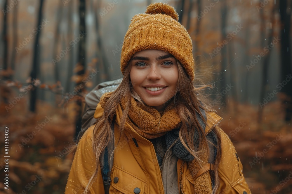 A young woman in stylish yellow outdoor wear explores an autumn forest, emanating warmth A young woman in stylish yellow outdoor wear explores an autumn forest, emanating warmth
