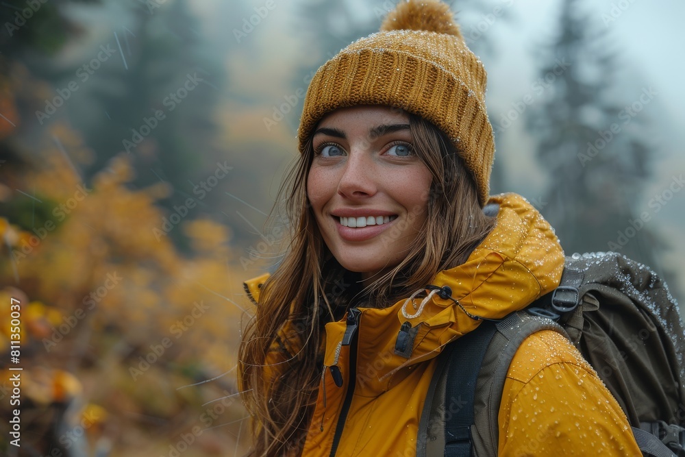 A smiling woman in yellow braves the elements, underlining her adventurous spirit outdoors A smiling woman in yellow braves the elements, underlining her adventurous spirit outdoors