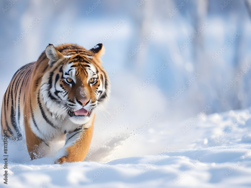 Obraz premium Winter's fierce stride. Amur tiger roams snow, a wild dance