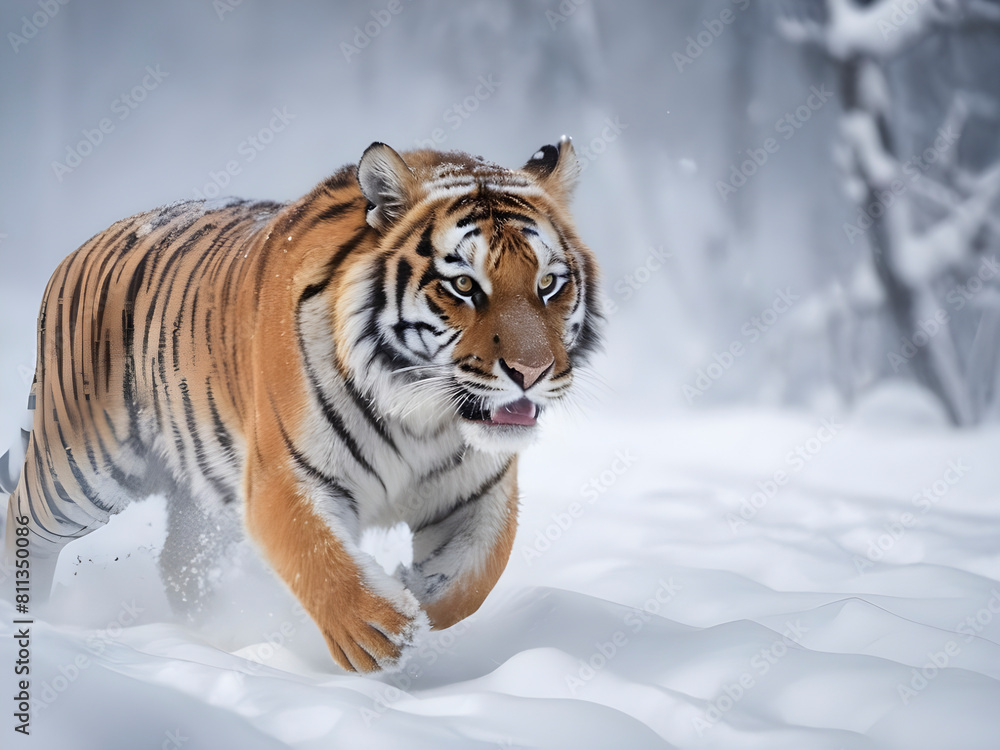 Winter's wild. Amur tiger dashes through snow, a fierce wildlife spectacle.