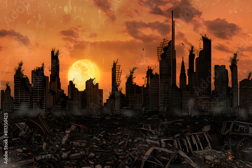 Post-apocalyptic cityscape at sunset with crumbling buildings and a large sun