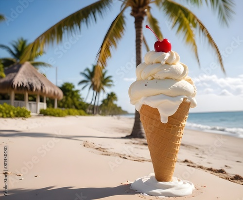 A large ice cream cone whipped cream, set against a tropical beach scene with palm trees and sandy shores