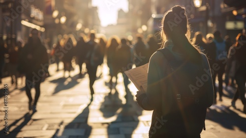 Woman distributing flyers on a busy urban street. Feale volunteer handing out pamphlets to pedestrians. Concept of advertising, public awareness, street marketing, and urban engagement. photo