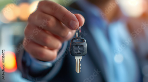 Close-up of salesman holding new car key in a car dealership, acquisition