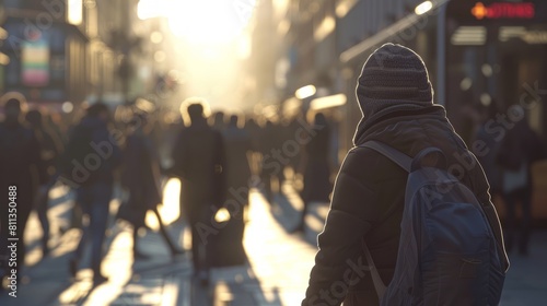 Caucasian man in winter attire walking on a bustling city street. Sunlit urban scene on a cold day. Concept of urban winter lifestyle, city walks, daily commute, and seasonal changes.