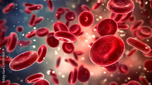 Detailed illustration of red blood cells in a vibrant red backdrop. Close-up of erythrocytes in circulation. Concept of medical visualization, hematology, and cellular biology. Banner. Space for text