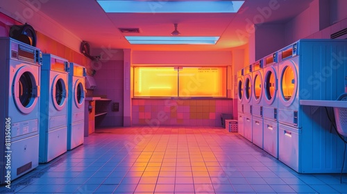 High-tech laundromat featuring sleek machines and neon illumination. Futuristic and efficient laundry space. Concept of modern amenities, technological advancement, public service. photo