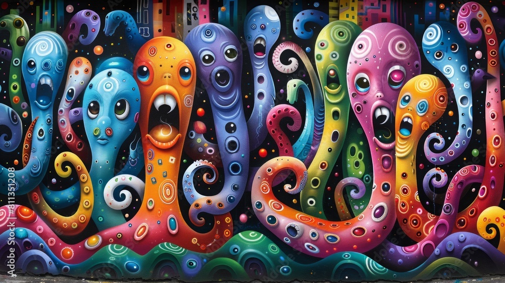 A colorful mural of octopus with many different colors and designs, AI
