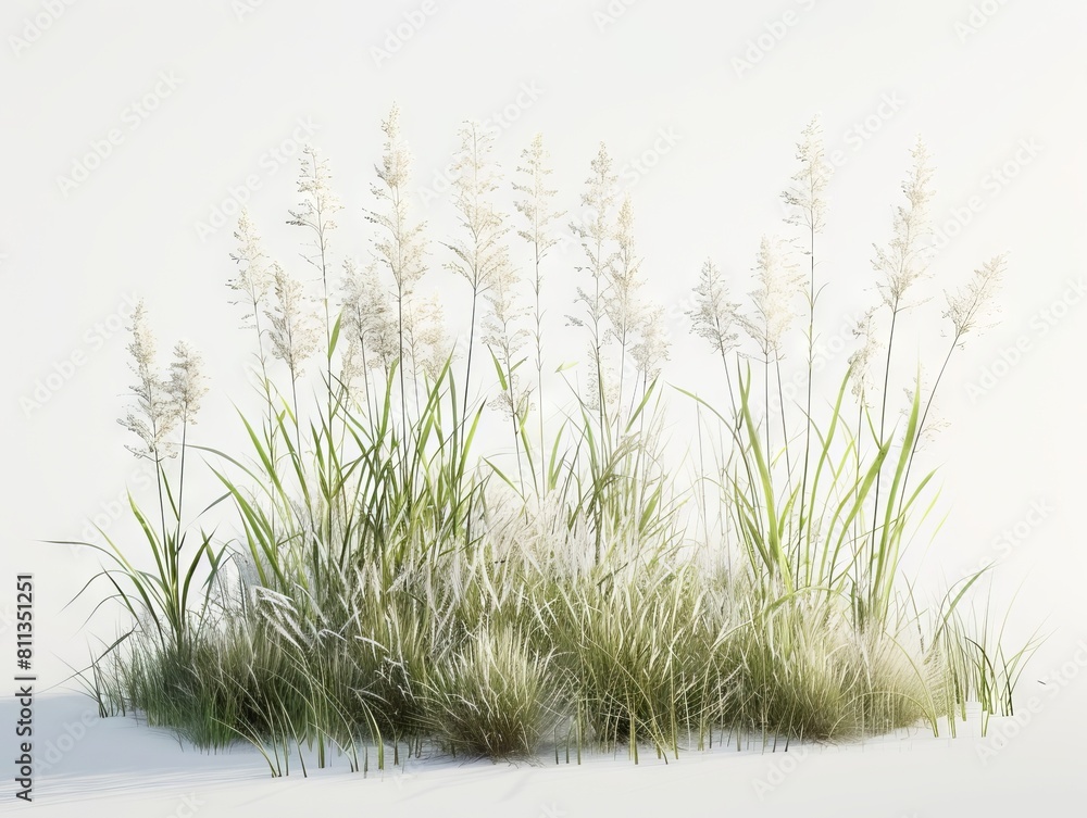 Fototapeta premium A grassy field with tall grasses and a white background.