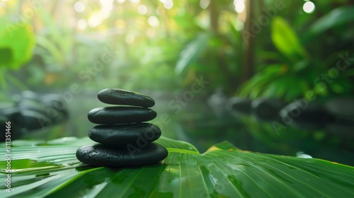 Zen stones balanced on a tropical leaf with a serene water background. Concept of balance  tranquility  and natural relaxation. Banner. Space for text