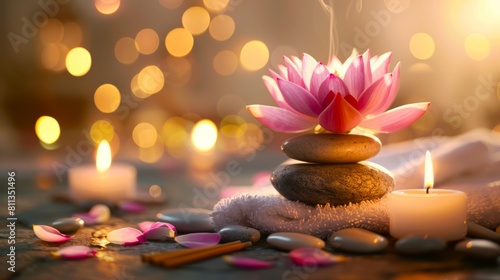 Zen stones with a pink lotus and lit candles in a meditative setting. Concept of spa  tranquility  and spiritual healing. Banner. Copy space