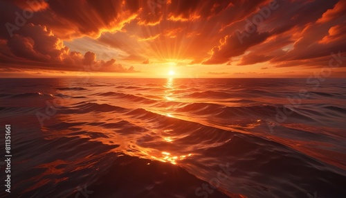 A dramatic sunset over a calm ocean  with the sun s rays reflecting off the rippling water in shades