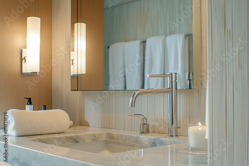 A modern bathroom featuring a sleek marble countertop, silver faucet with water flowing from it, and an elegant mirror hanging above the sink. A white towel is neatly folded on top of the counter