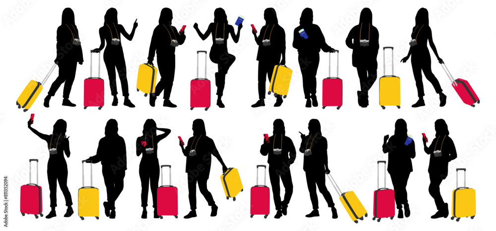 Silhouette of young woman tourist with camera and smartphone. Girl in casual clothes with a suitcase and tickets. The female traveler goes on a journey. Vector illustration set isolated on white Silhouette of young woman tourist with camera and smartphone. Girl in casual clothes with a suitcase and tickets. The female traveler goes on a journey. Vector illustration set isolated on white
