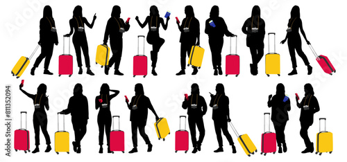 Silhouette of young woman tourist with camera and smartphone. Girl in casual clothes with a suitcase and tickets. The female traveler goes on a journey. Vector illustration set isolated on white
