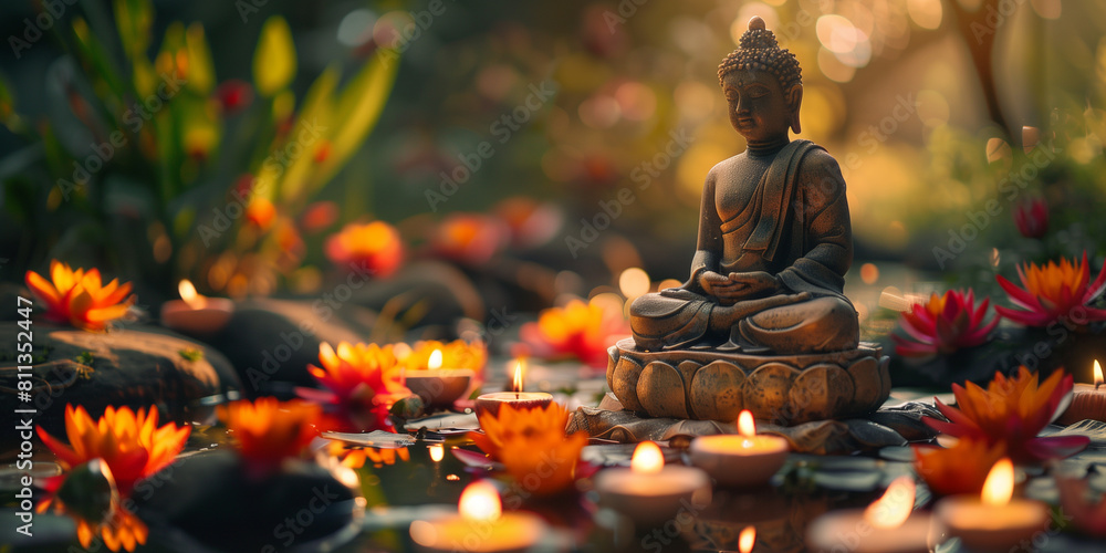Serene Buddha statue surrounded by vibrant lotus flowers and candles, capturing a peaceful meditation scene for Vesak Day
