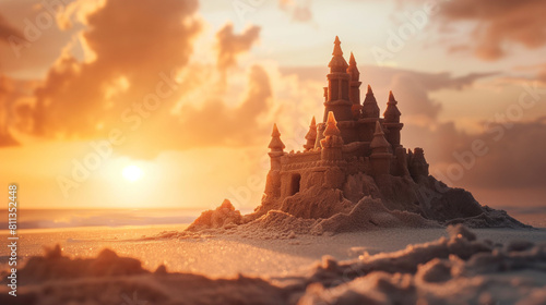 An inspiring silhouette of a sandcastle illuminated by the soft glow of sunset  with intricate details and delicate textures highlighting the beauty of the fleeting artwork. Dynami