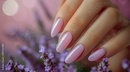 Womans Hand With Pink Manicure and Purple Flowers