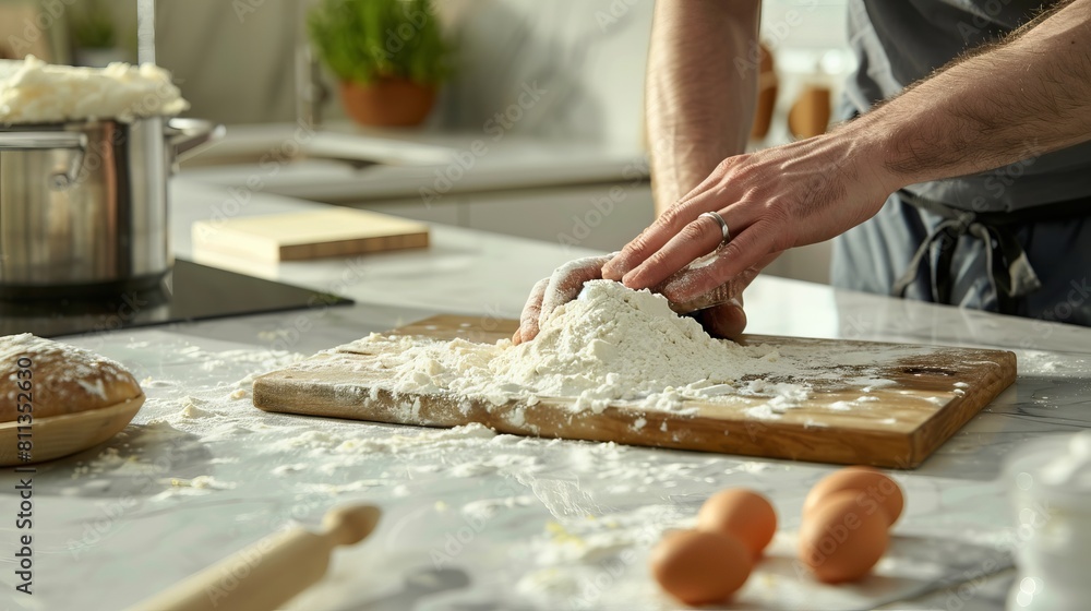 A man is kneading flour on a cutting board.