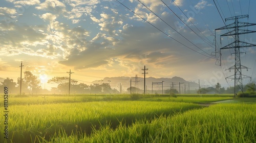 High voltage pylon electric transmission line in rice field against blue sky background. Generate AI photo