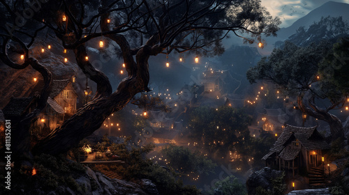 A captivating image of an elfin village nestled among ancient trees, with tiny lanterns glowing softly in the twilight. Dynamic and dramatic composition, with copy space photo