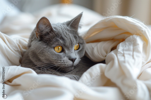 Pequeño gato británico de pelo corto gris en una manta blanca mirando a un lado en una escena hogareña acogedora. photo