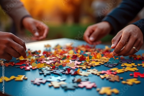 Close up of multiethnic group of people assembling jigsaw puzzle