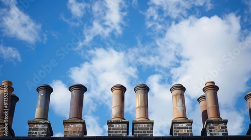 Eight chimneys aligned in a row against a backdrop of blue sky in Glasgow photo