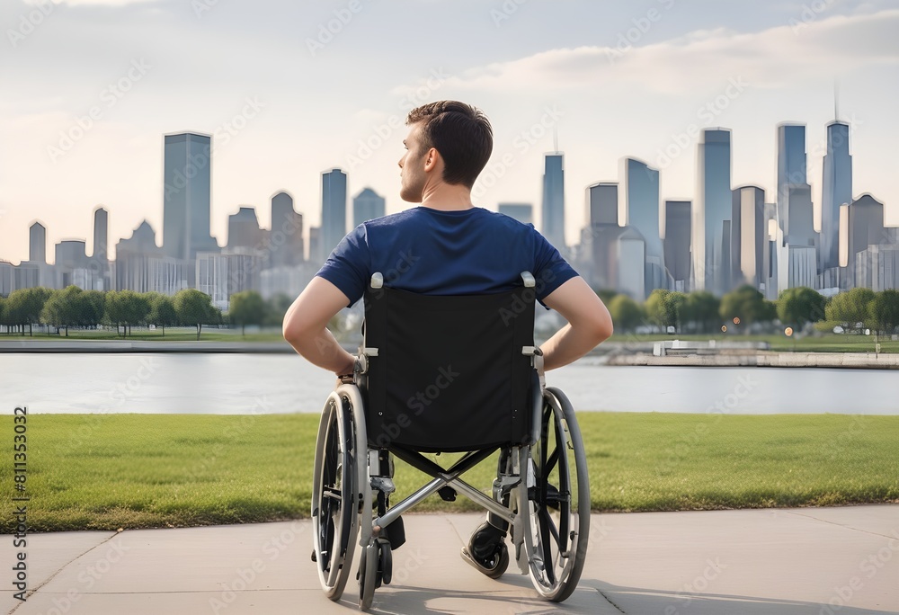 A man Sitting in a wheelchair outdoors, with a city skyline in the background