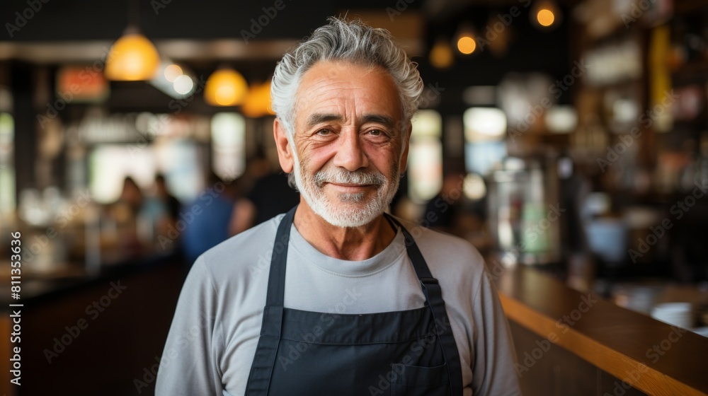 Man in Apron Standing in Front of Bar Man in Apron Standing in Front of Bar