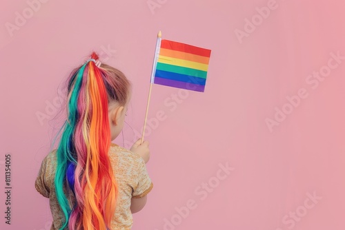 Woman with multicolored hair holding rainbow flag at pride parade, banner © Alesia