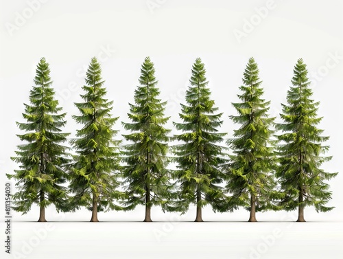 A row of pine trees on a white background.