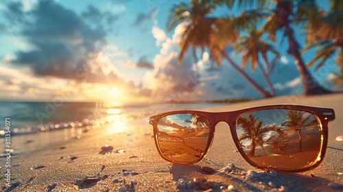 A pair of sunglasses on the beach with palm trees in the background.