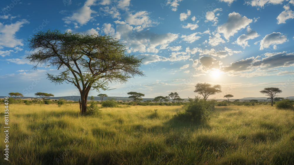 Majestic acacia tree in African savannah at sunset Majestic acacia tree in African savannah at sunset