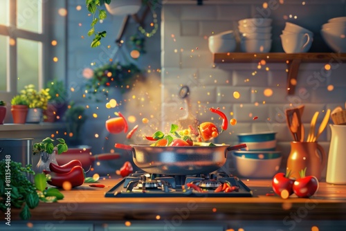 A whimsical and animated kitchen scene with ingredients flying into a pan, great for engaging culinary content or animated recipe videos. photo