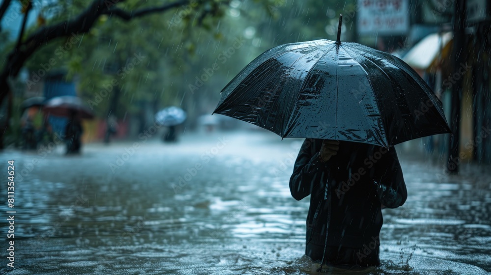 A lone figure holding an umbrella navigates through a flooded urban street during a heavy downpour, captured with a focus on the glistening raindrops and reflective puddles