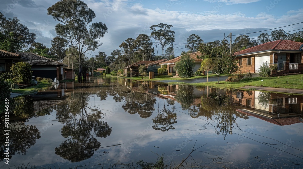 Suburban Reflections: Calm After Flooding. suburban homes mirrored perfectly in the still floodwaters under a clear blue sky