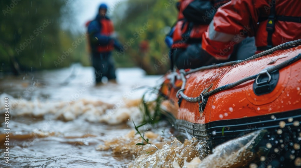 Emergency Response Team in Floodwaters. Photo highlights the urgency and efforts of rescue operations during a flooding disaster Emergency Response Team in Floodwaters. Photo highlights the urgency and efforts of rescue operations during a flooding disaster