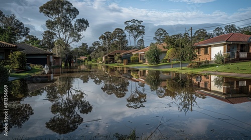 Suburban Reflections: Calm After Flooding. suburban homes mirrored perfectly in the still floodwaters under a clear blue sky © Rodica