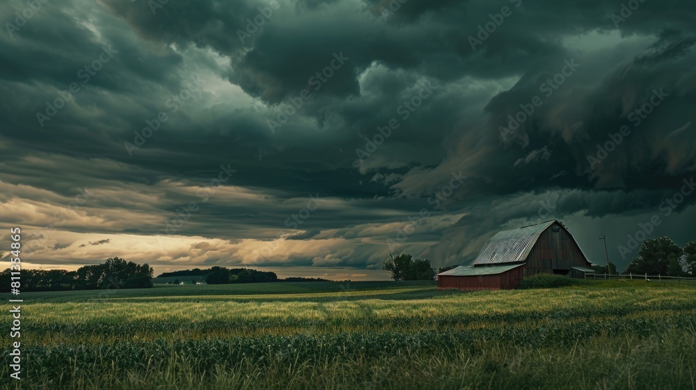 Storm Approaching Over Rustic Farm. Contrast between the peaceful rural landscape and the dramatic, storm-filled sky above