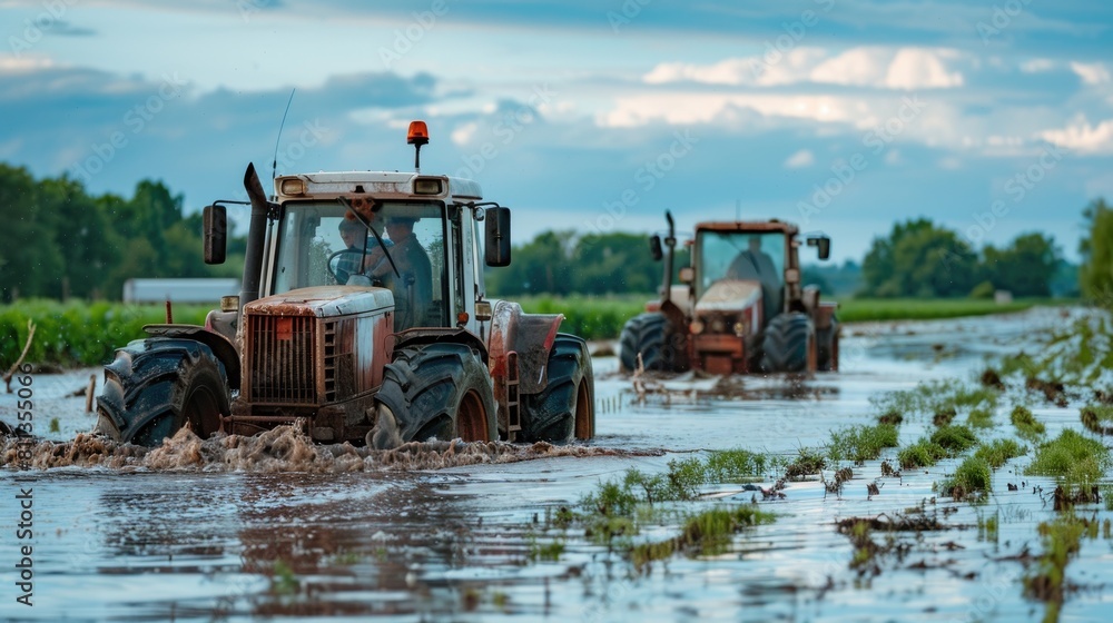 Flooded Farmland: Tractor and Cattle in Water. flooded farm with cattle wading through water and a tractor stalled by the inundation Flooded Farmland: Tractor and Cattle in Water. flooded farm with cattle wading through water and a tractor stalled by the inundation