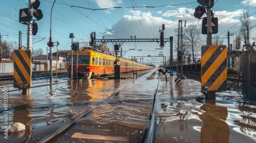 Flooded Train Tracks: Transport Halted by Water. Impact of flooding on public transportation systems, highlighting the challenges faced during extreme weather events
