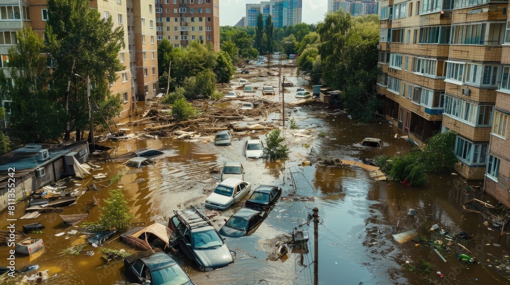 Aftermath of Urban Flooding: Debris and Damage. Devastating aftermath of urban flooding, showing a residential street cluttered with debris and damaged vehicles Aftermath of Urban Flooding: Debris and Damage. Devastating aftermath of urban flooding, showing a residential street cluttered with debris and damaged vehicles